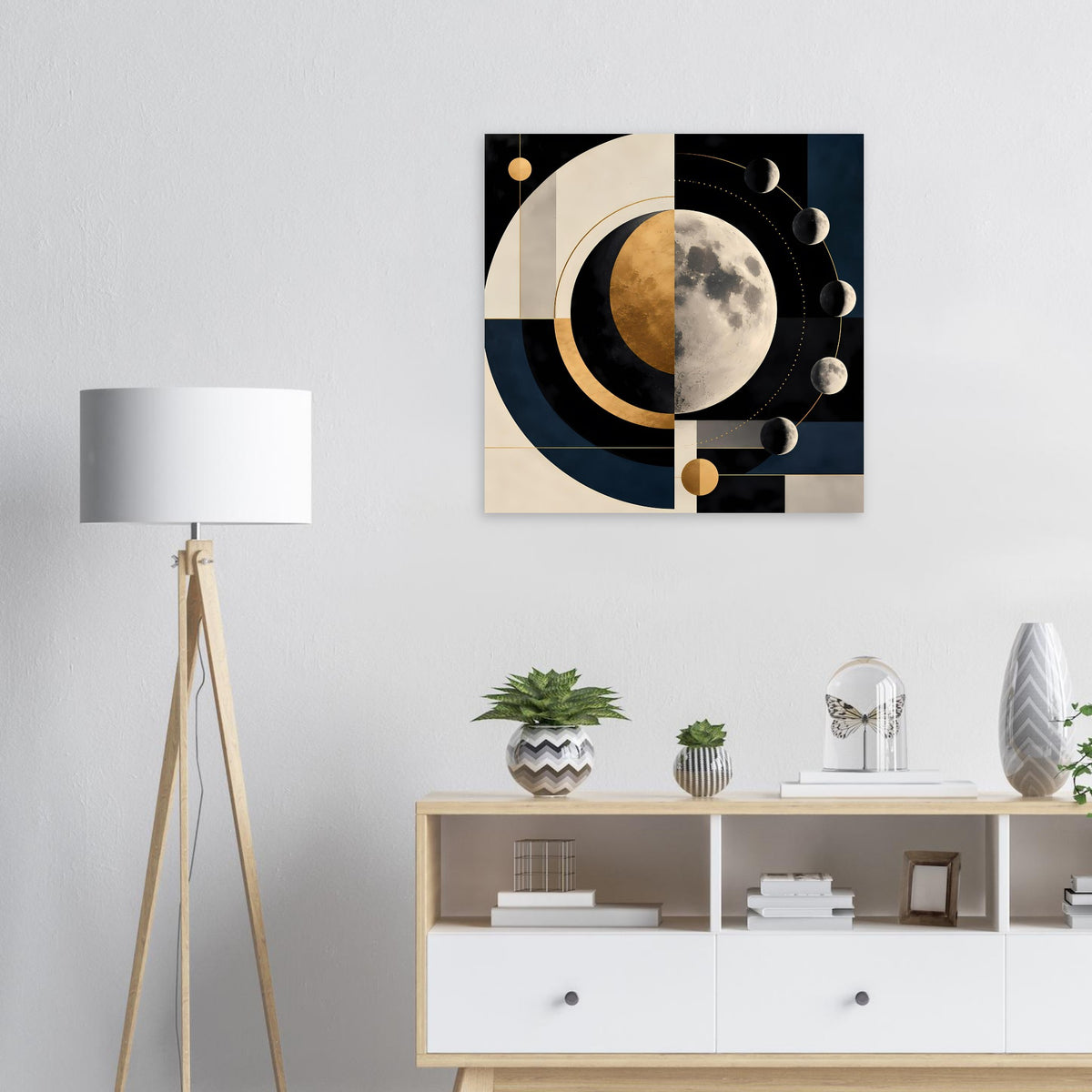 Quadratischer Kunstdruck: abstrakte Mondphasen mit Kreisformen und goldbraunen Akzenten im Rahmen