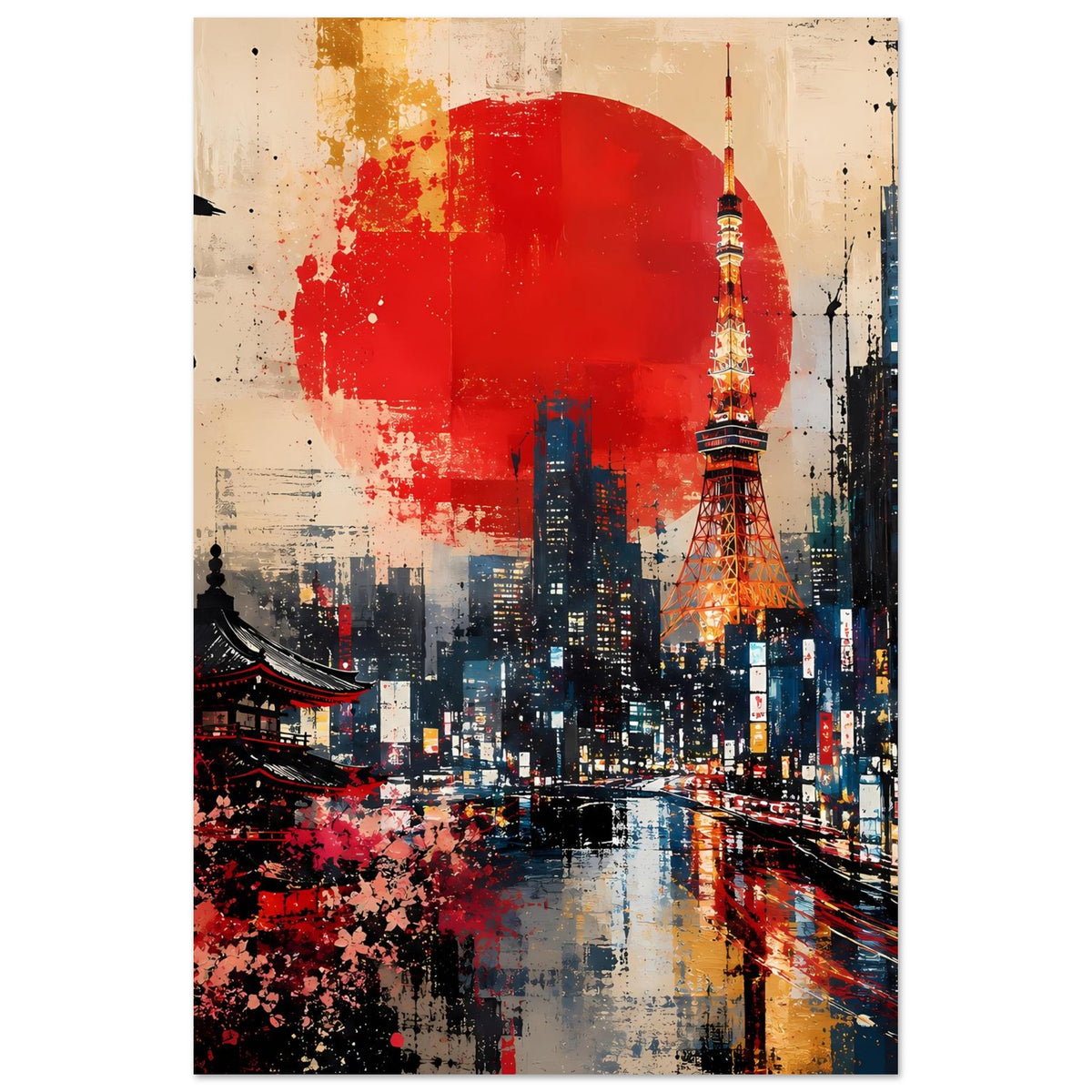 Abstraktes Poster (hoch) mit roter Sonne, Tokyo Tower und dunkler Stadtkulisse