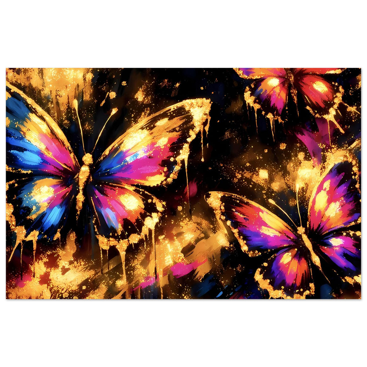 Kunstposter mit bunten Schmetterlingen und goldenen Sprenkeln, horizontal
