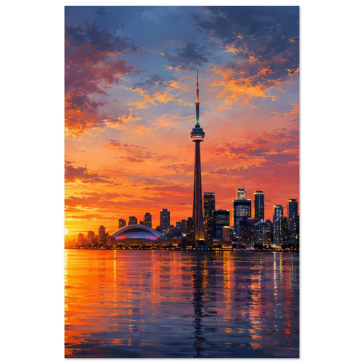 Vertikales Poster: Skyline mit Fernsehturm bei Abendsonne und Reflexionen im Wasser