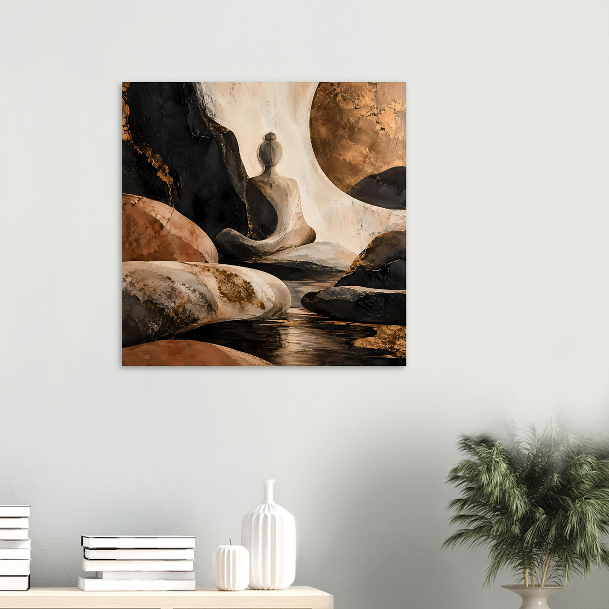 Kleines gerahmtes Poster mit Meditationsfigur, Felsen und warmen Erdtönen in Creme und Dunkelbraun