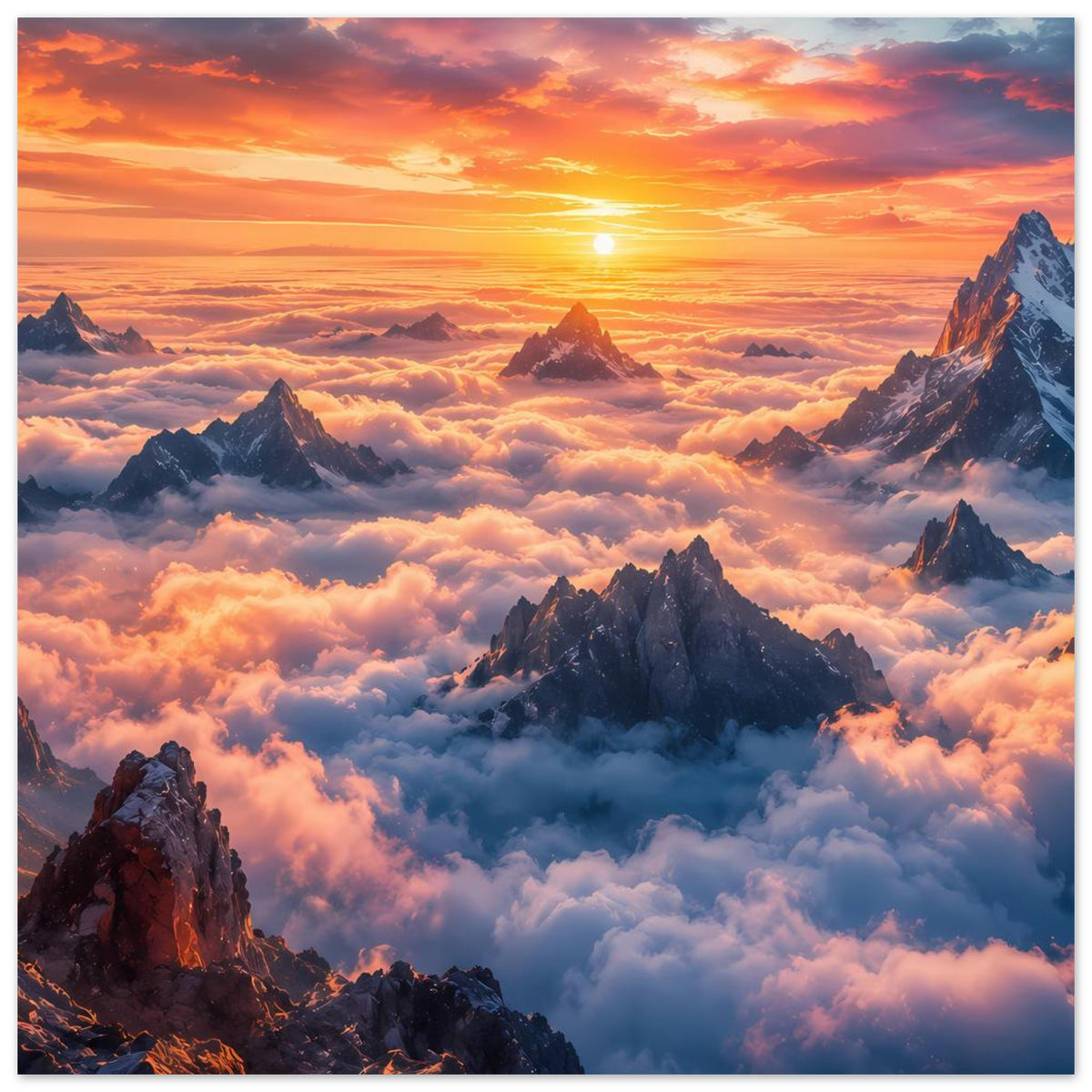 Poster mit Sonnenaufgang über schneebedeckten Bergen und dichten Wolken
