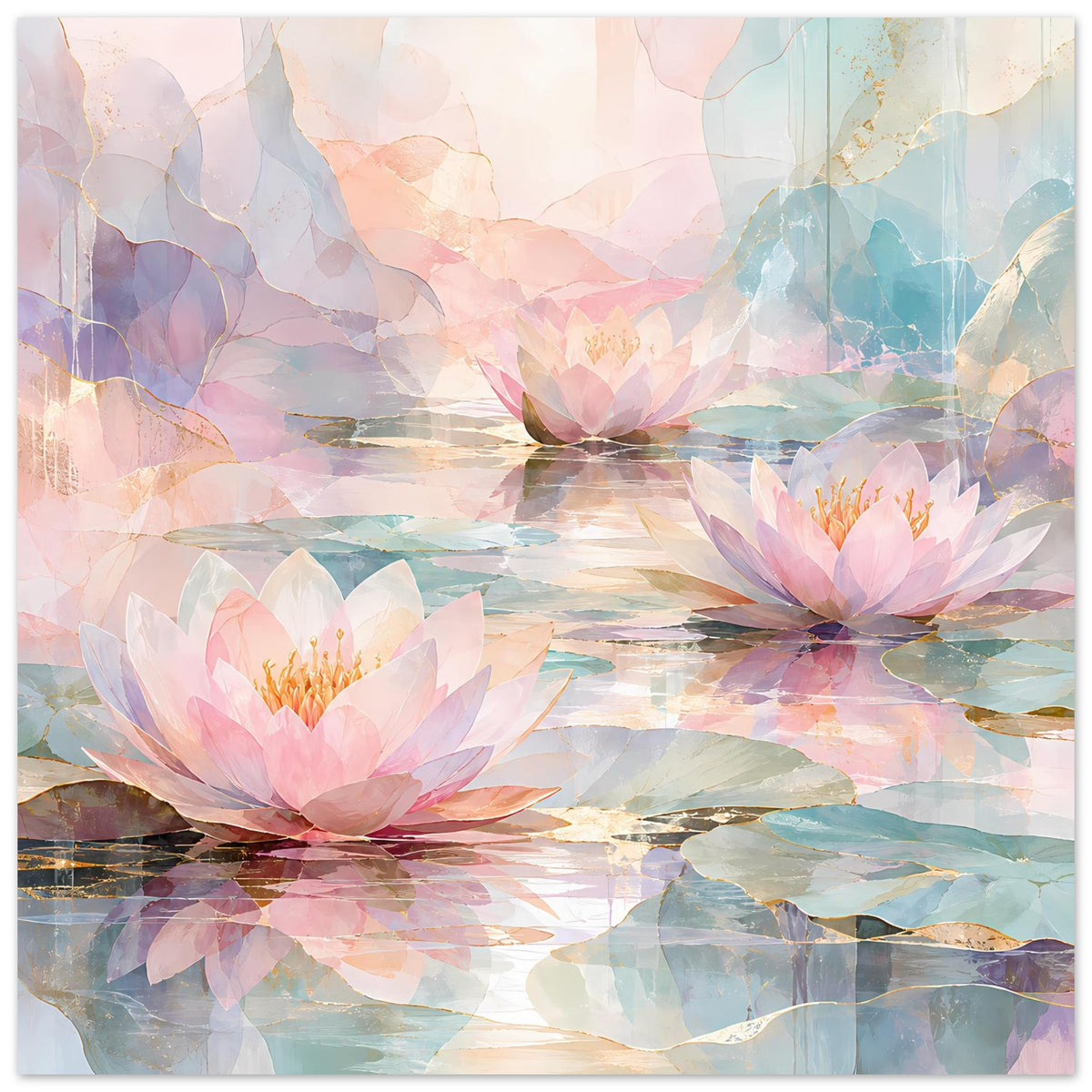 Florales Poster mit Seerosen und spiegelndem Wasser in Pastelltönen, breiter Blätterbogen.