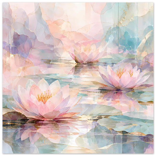 Florales Poster mit Seerosen und spiegelndem Wasser in Pastelltönen, breiter Blätterbogen.