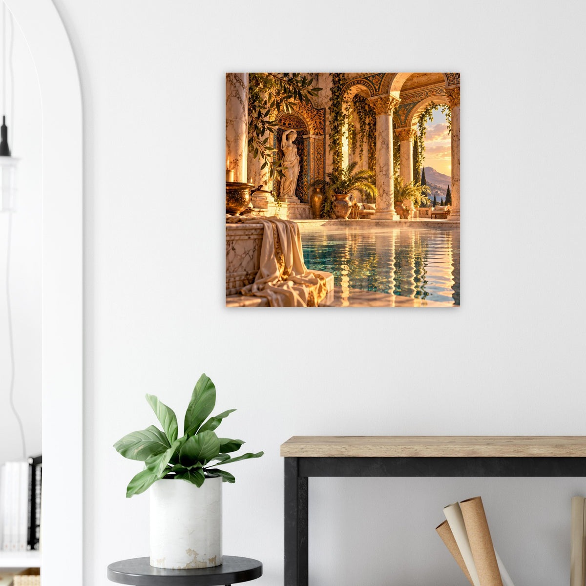 Wandposter mit mediterranen Säulenbögen und ruhigem Wasserbecken