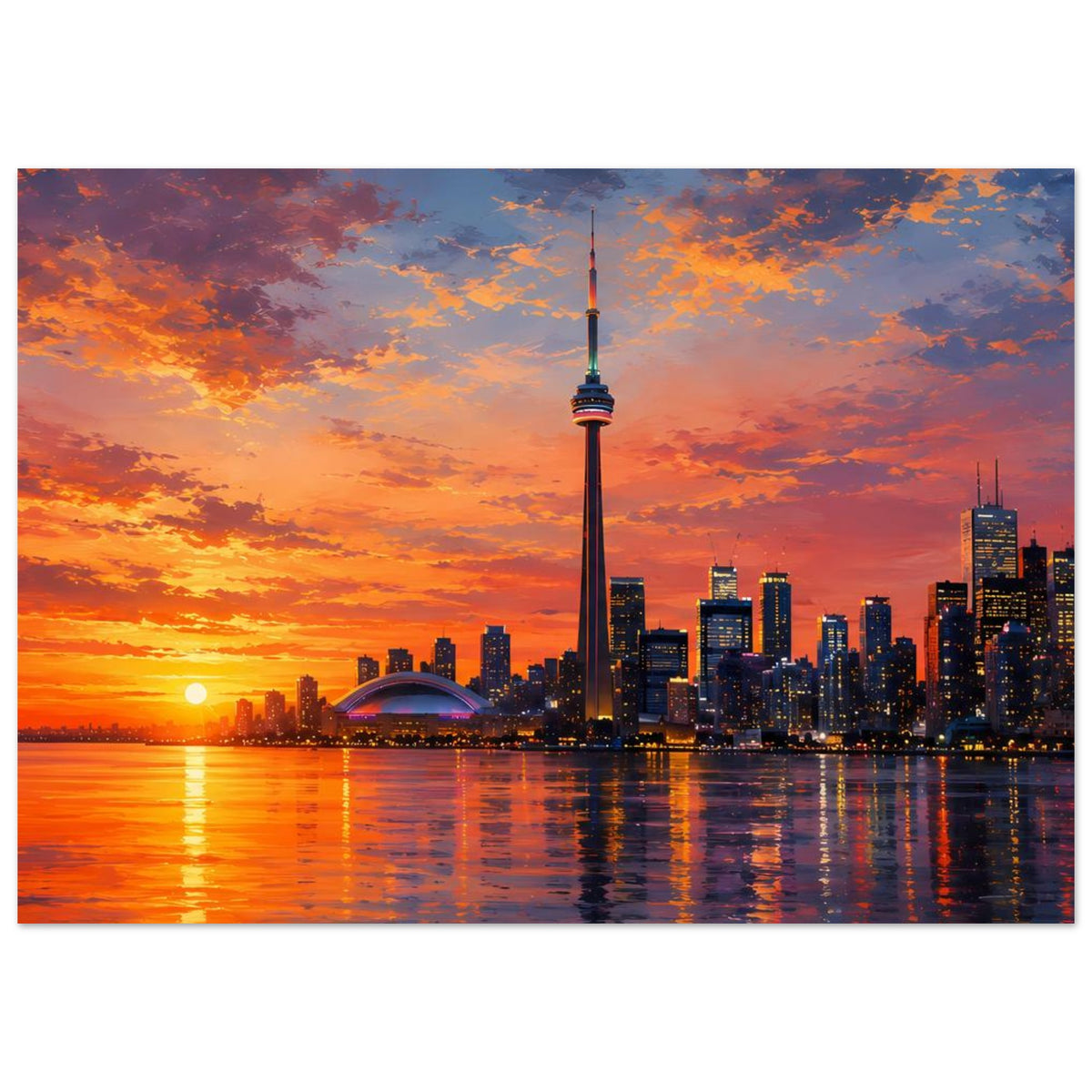 Poster mit Stadtansicht bei Sonnenuntergang, Fernsehturm und Wasserreflexion