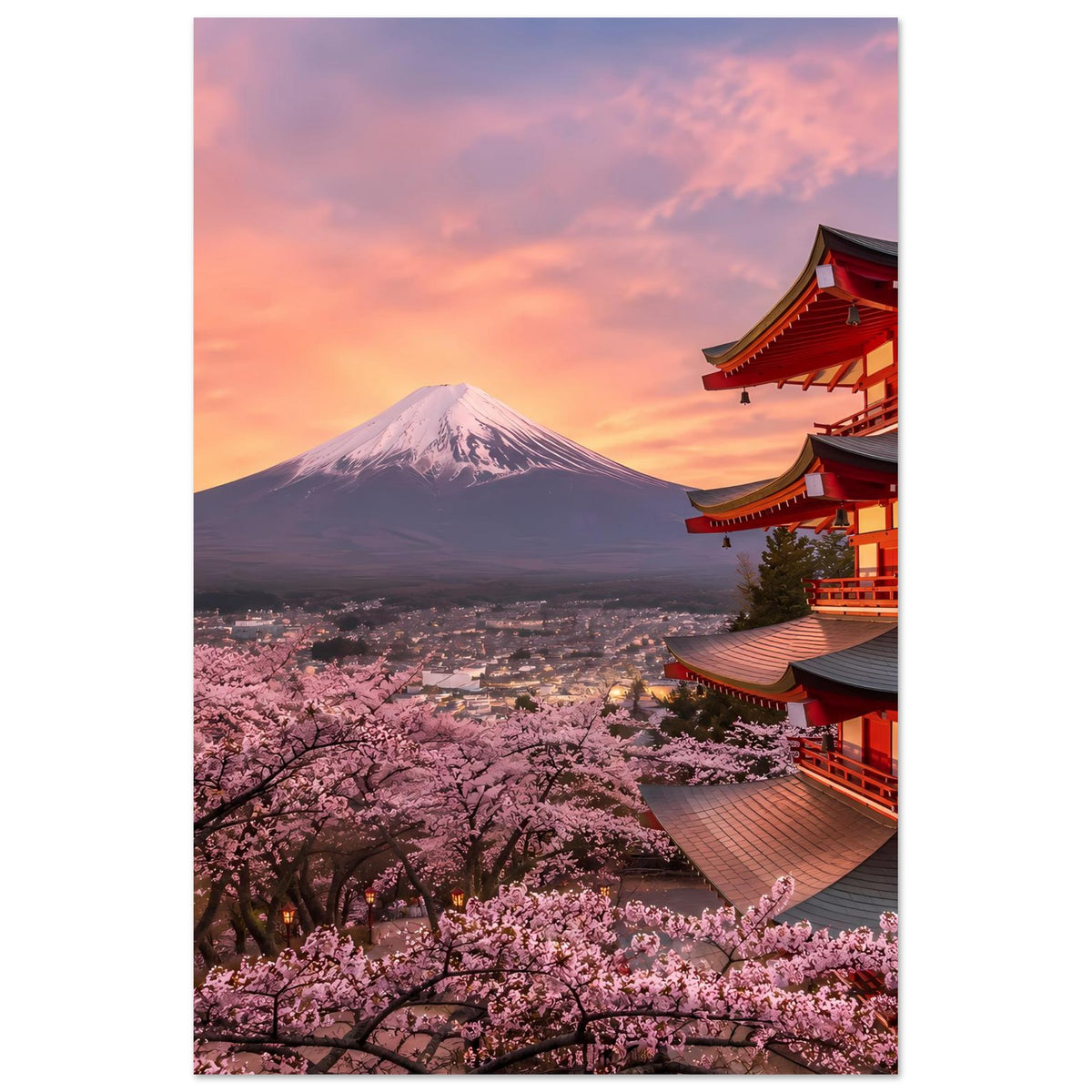 Premium Poster: Mount Fuji, Kirschblüten und rotes Tempelgebäude mit Treppe