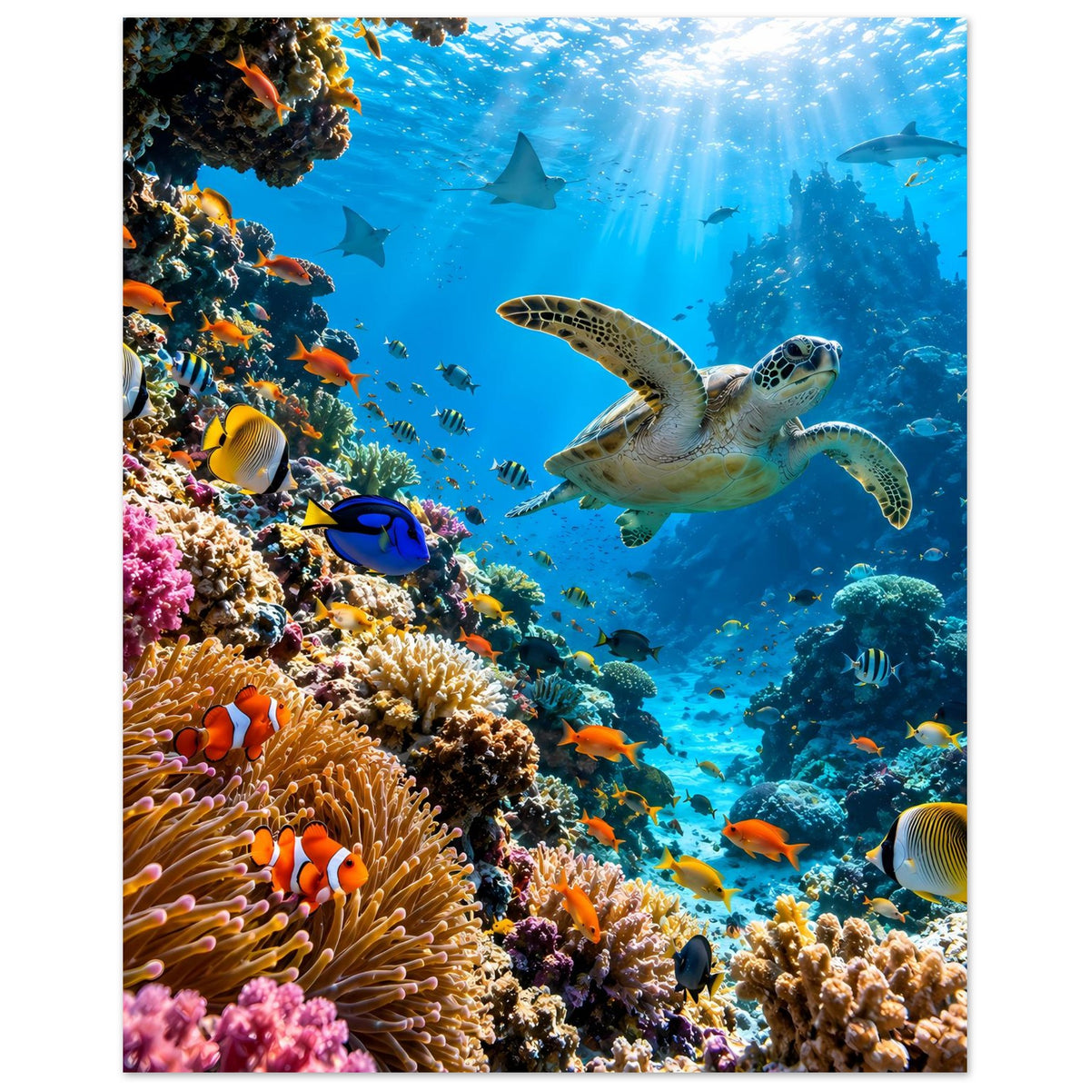 Poster mit Korallenriff-Motiv: Meeresschildkröte schwimmt über bunten Korallen und Fischen