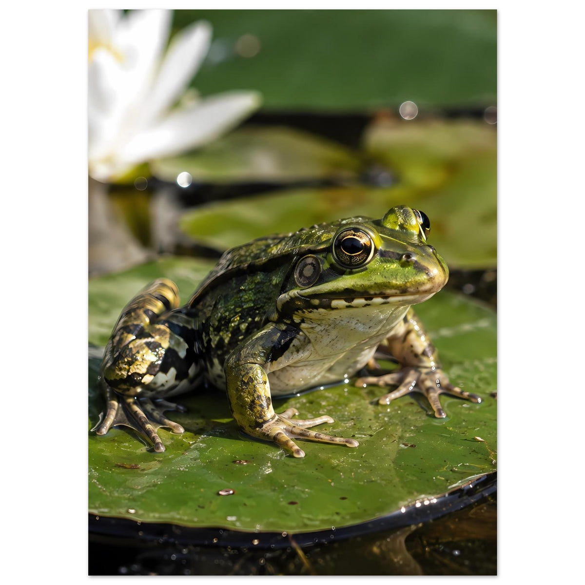Poster: Frosch auf Seerosenblatt, Nahansicht mit fokussiertem Kopf