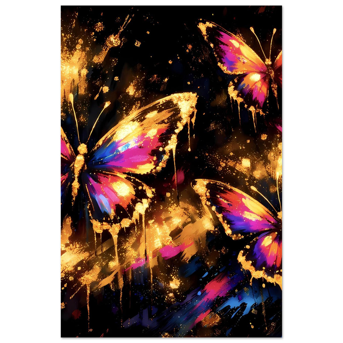 Vertikales Kunstposter: leuchtende Schmetterlinge in Blau, Pink und Gold auf dunklem Grund