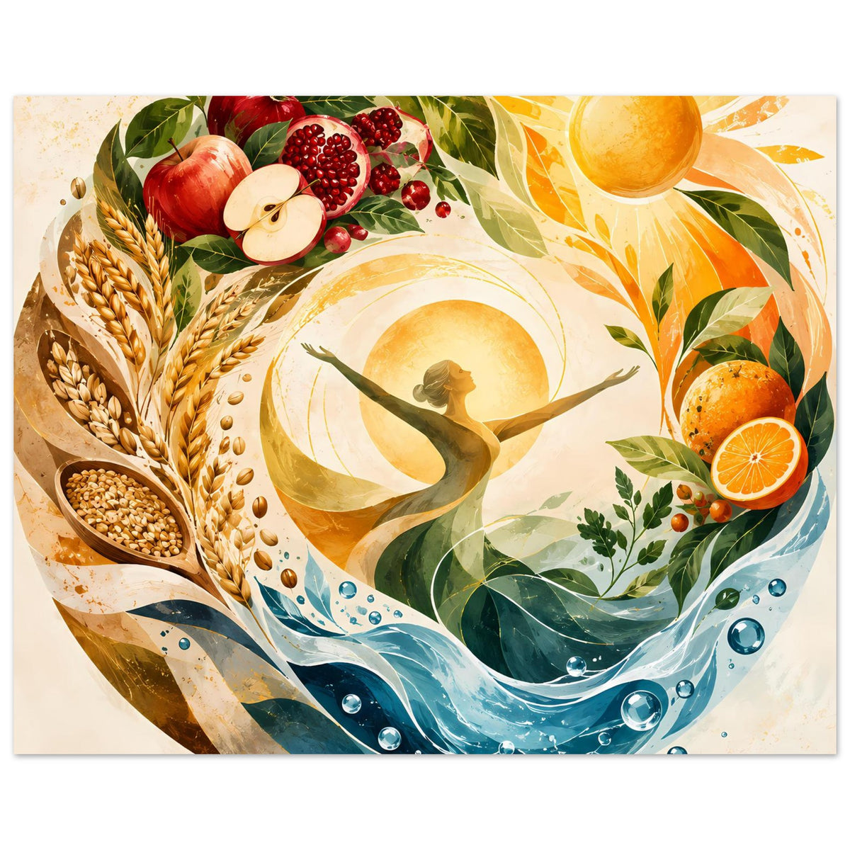 Naturposter: Sonne über Wasserwellen mit Erntefrüchten, Weizenähren und grünen Blättern