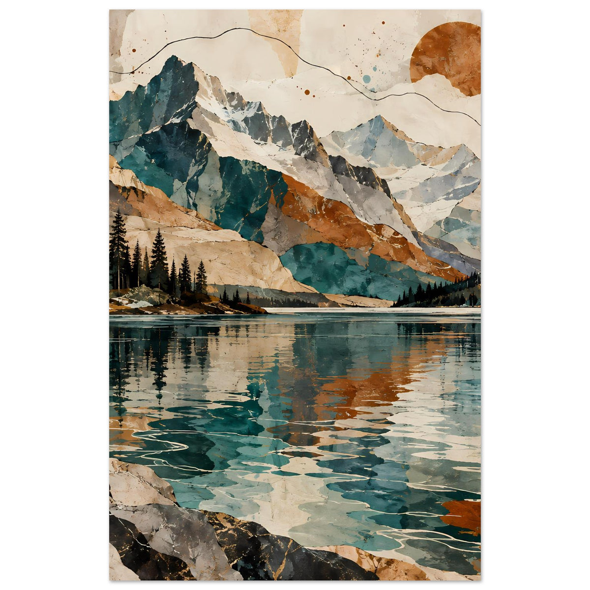 Wandposter im Hochformat: Gebirge, See und Tannen, abstrakte Vintage-Optik in Blau/Braun