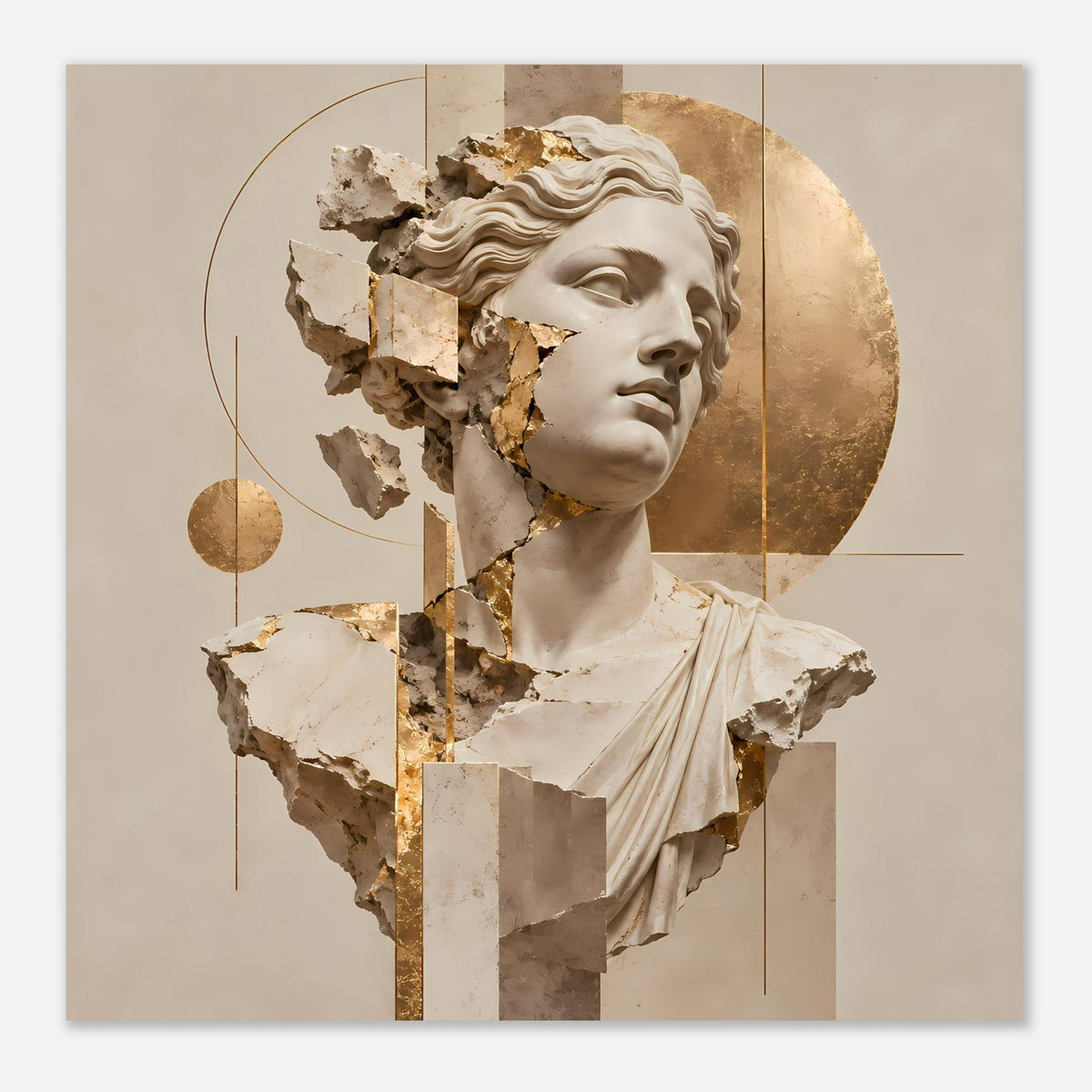 Kunstposter mit fragmentierter Büste, cremefarbenem Hintergrund, goldenen Bruchkanten und Linien