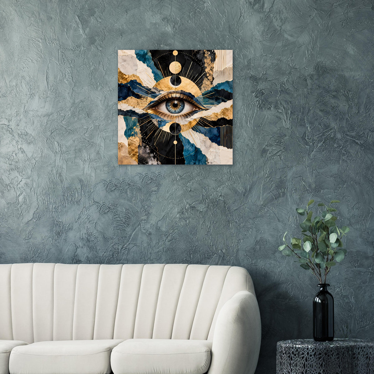 Wandposter mit Auge, blaues Wellenmotiv, goldene Kreiselemente und schwarz gestreifter Fächer