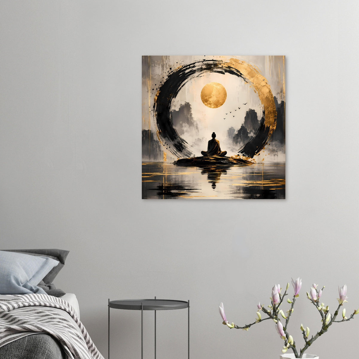 Kleines Meditationsposter mit goldener Sonne, schwarzem Kreis, sitzender Figur und Wasserreflex
