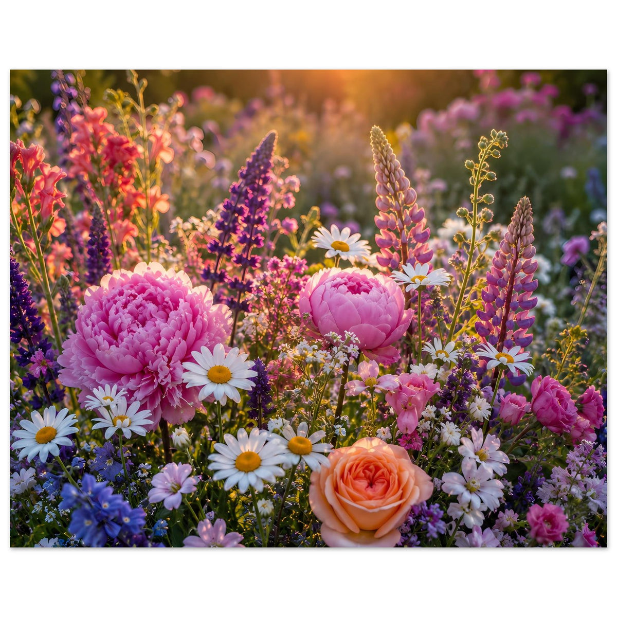Blumenposter im Rahmen, Querformat: farbenfrohe Blumenwiese mit Pfingstrosen und Zierblüten