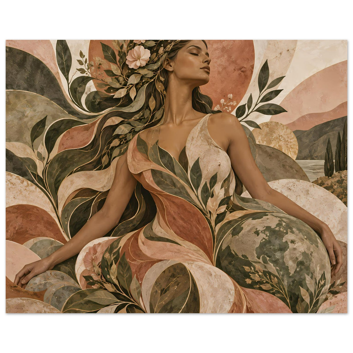 Kunst-Poster mit Porträt einer Frau und floralen Blättern in warmen Erdtönen