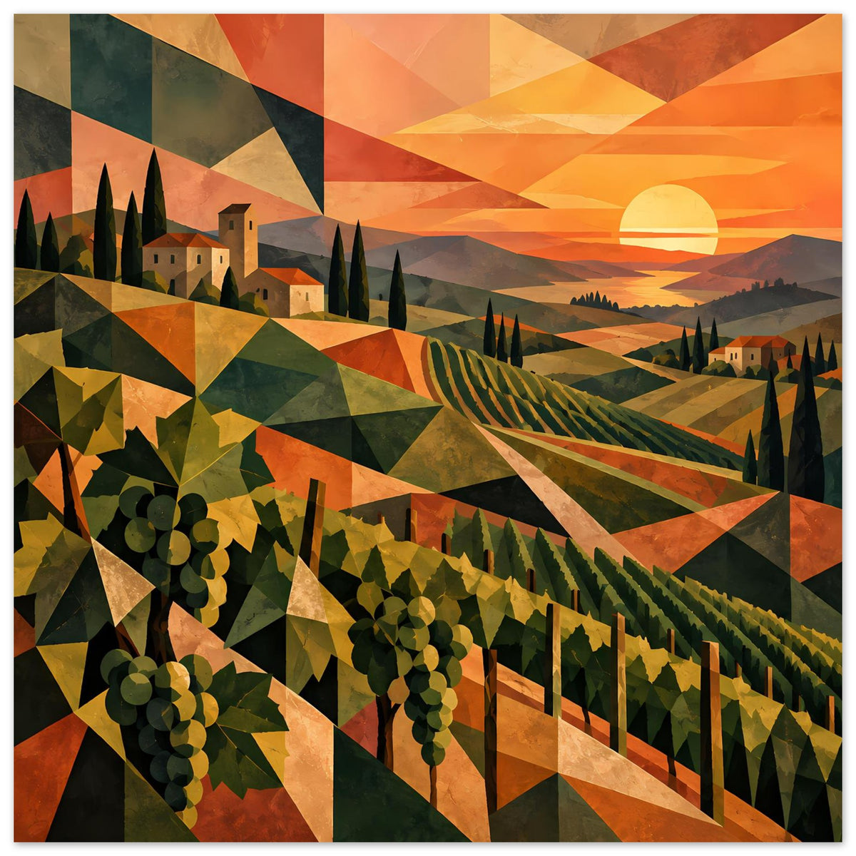 Vertikales Poster: polygonale Landschaft mit Weinreben, Häusern, Zypressen und orangefarbener Sonne