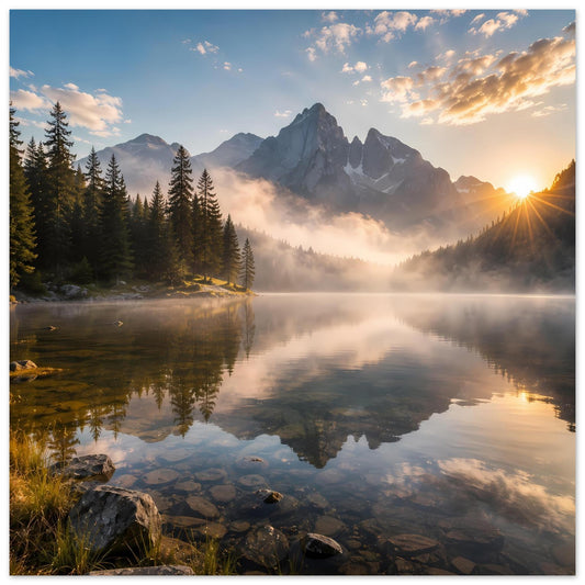 Poster mit Bergpanorama, Fichtenwald und spiegelndem See bei Sonnenaufgang, Wandaufhängung