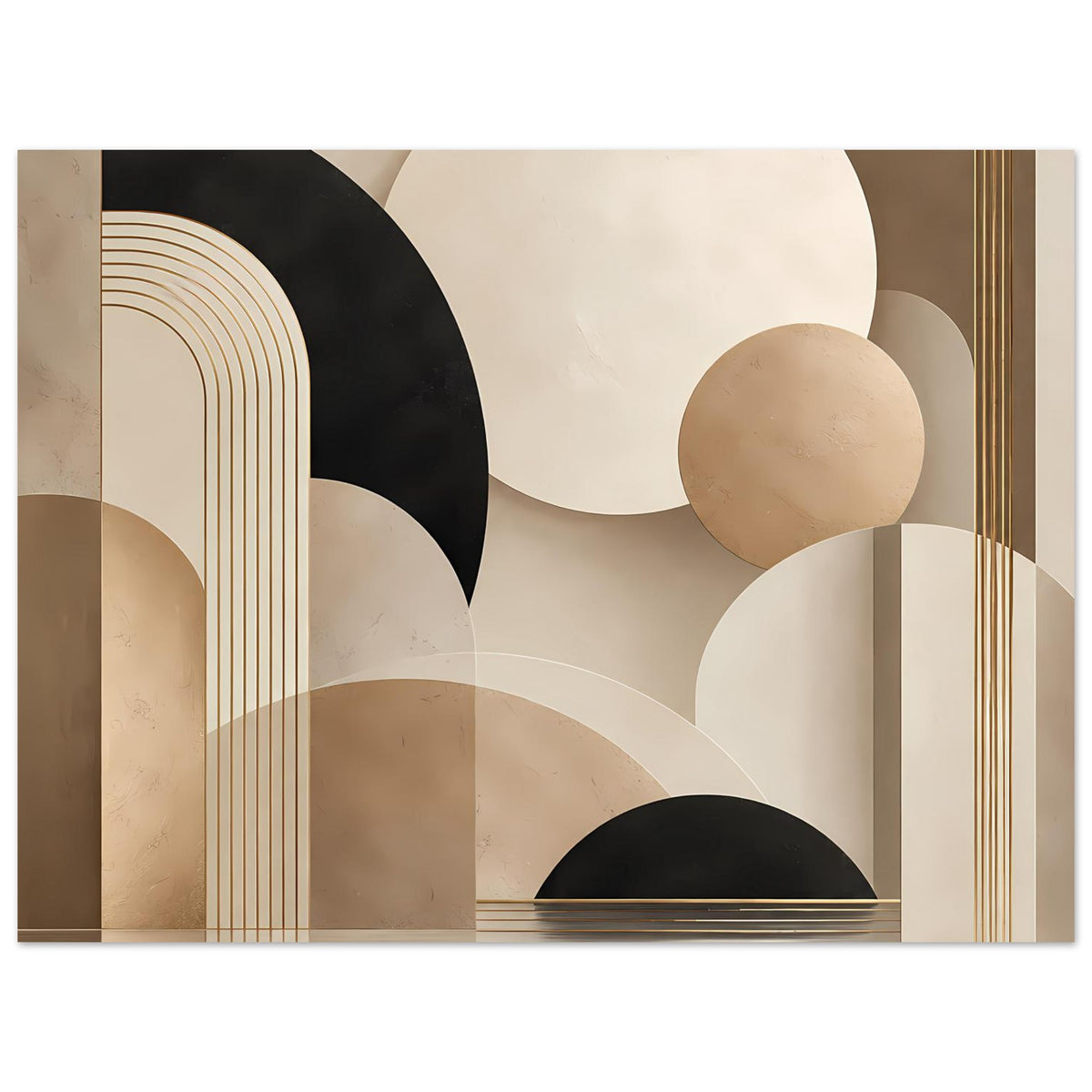 Kunstposter mit großen Kreisen, schwarzen Halbflächen und feinen goldenen Linien im Muster