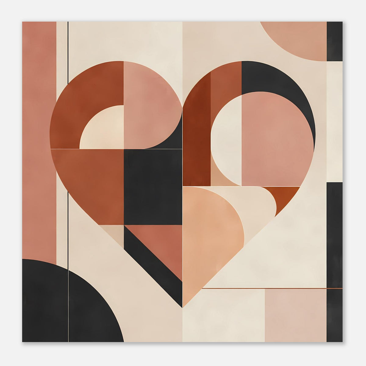 Kleines Poster mit geometrischem Herz in Terrakotta und Rosa, schwarze Linien und Flächen