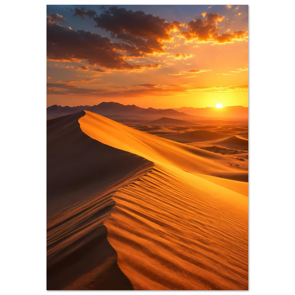 Poster mit Sanddünen und Abendsonne, goldene Farbverläufe und dramatischer Himmel