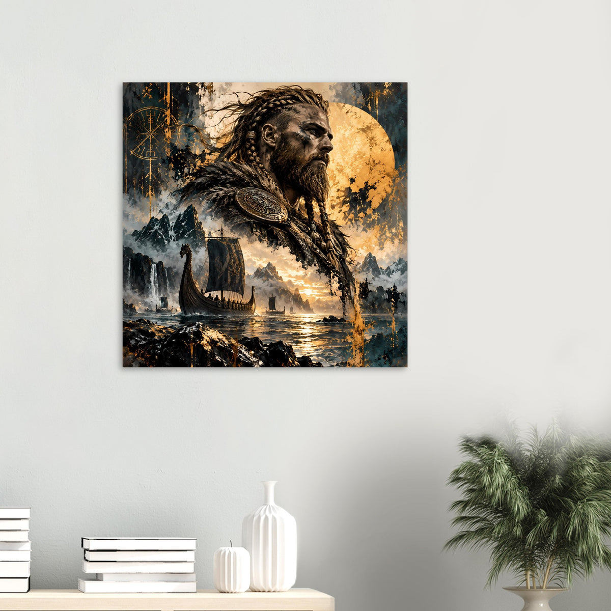 Poster im Hochformat: Viking-Krieger mit Schild, Langboot bei Sonnenuntergang im Stilgemälde