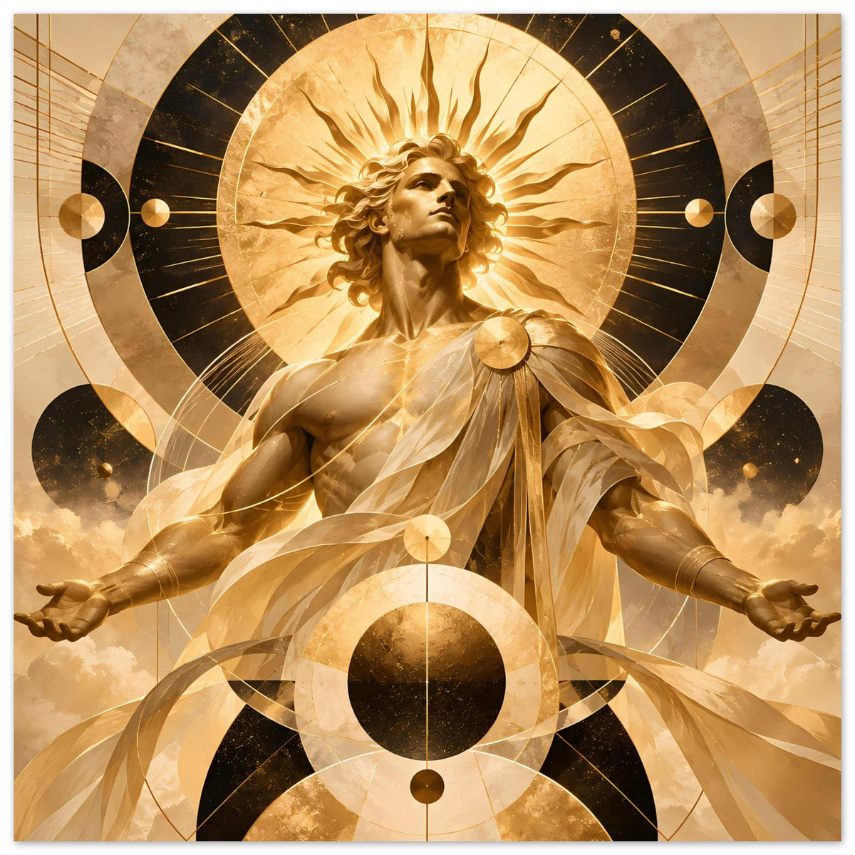 Poster mit goldener Engel-Figur, horizontaler Komposition und kreisförmigen Symbolen