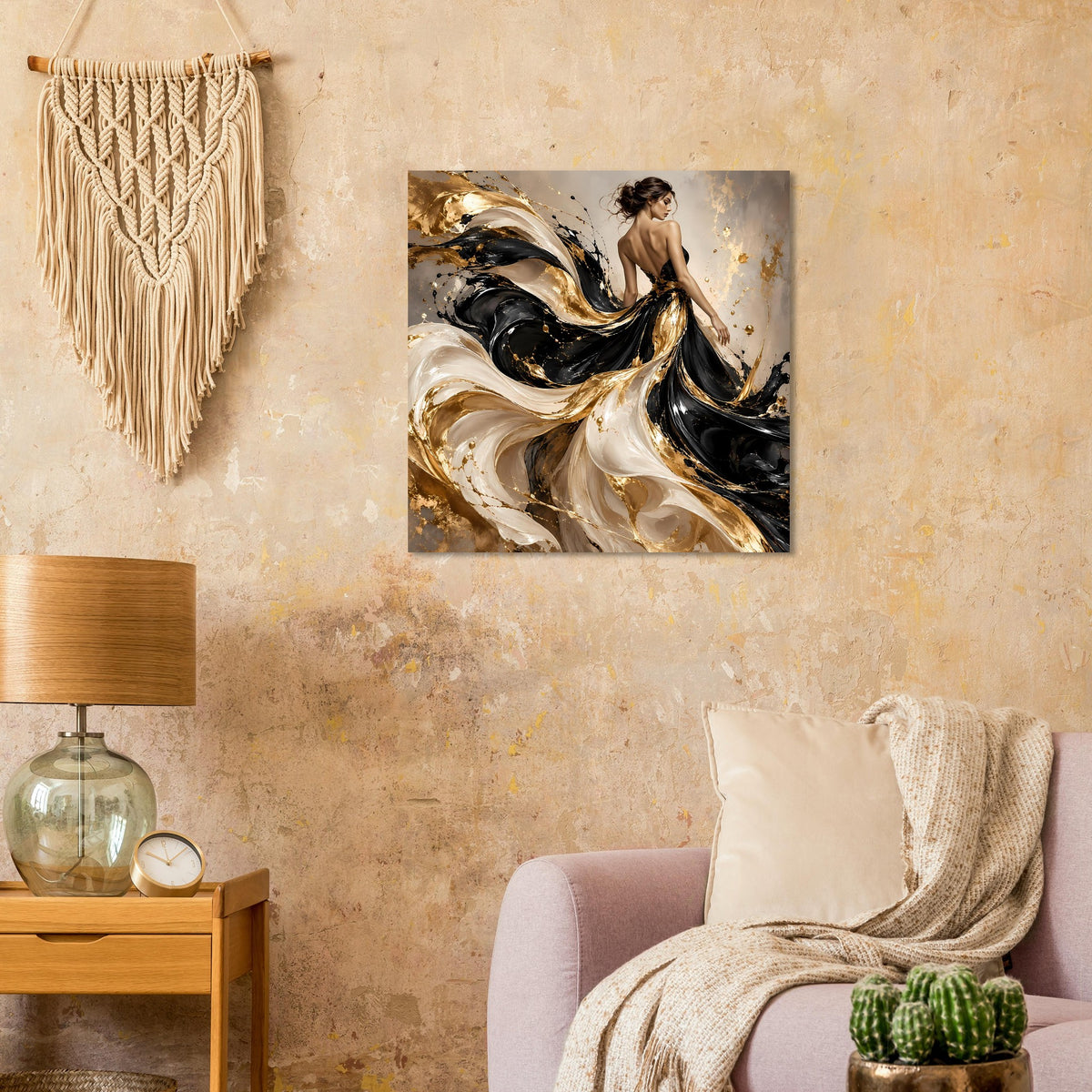Kunstposter im Rahmen: abstrakte Wirbel mit Frauensilhouette, Schwarz, Gold, Elfenbein