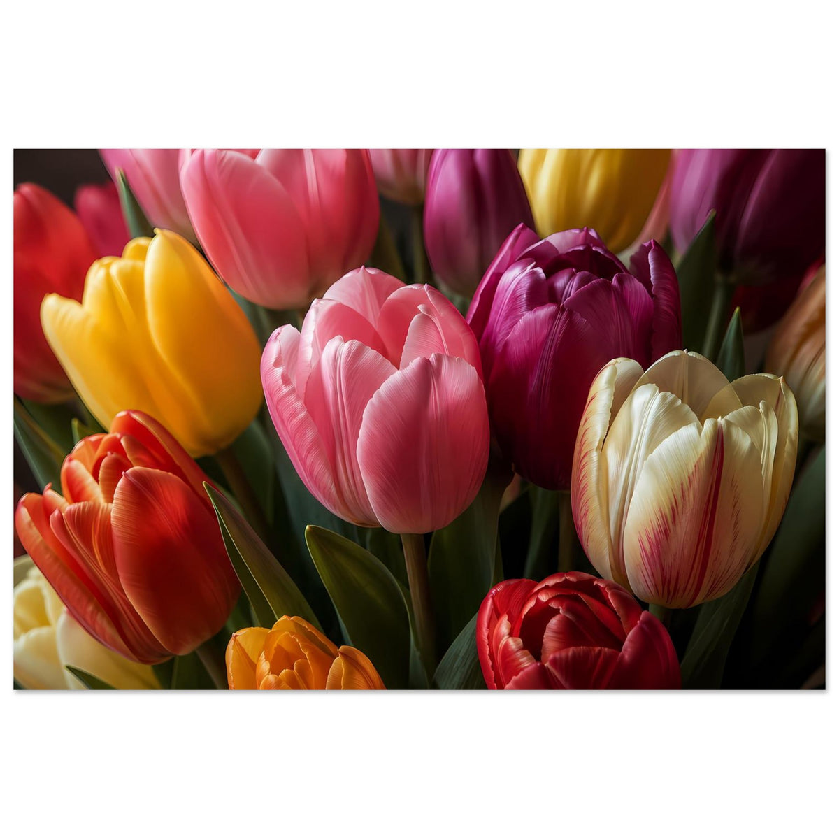 Tulpenstrauß-Poster im Querformat mit buntem Tulpenmix aus Pink, Rot, Gelb und Creme