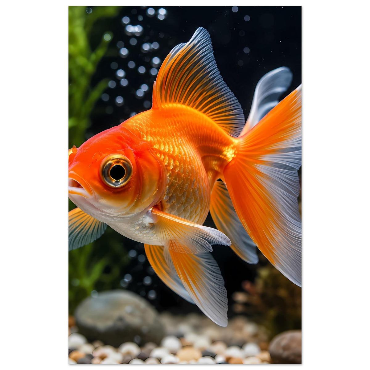Goldfisch-Poster im Hochformat: orangefarbener Goldfisch mit weißen, gespreizten Flossen.