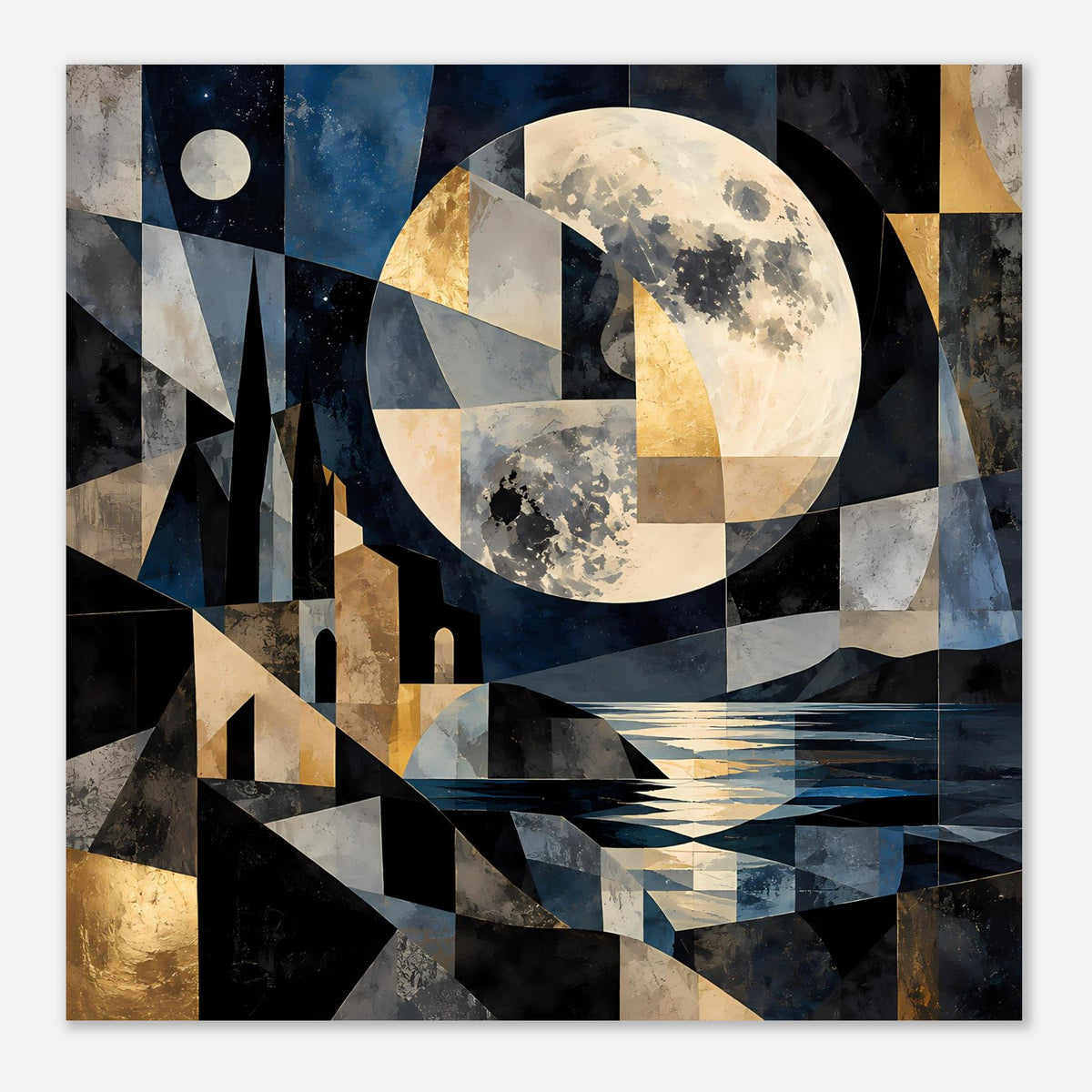 Quadratisches Poster mit Mondmotiv und Landschaft, Patchwork-Optik in Blau, Gold, Weiß, Schwarz
