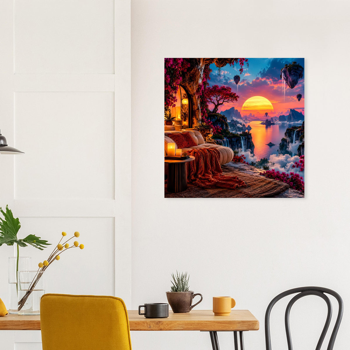 Quadratisches Poster mit Traumlandschaft: leuchtende Sonne, Bäume, Weg und warmes Laternenlicht