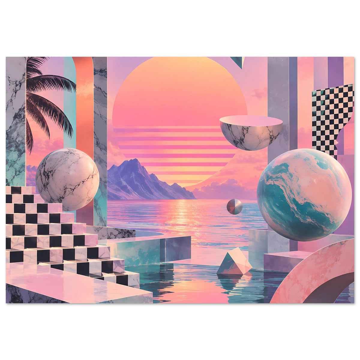 Poster im Querformat mit surrealer Sunset-Landschaft, geometrischen Blöcken und Planeten
