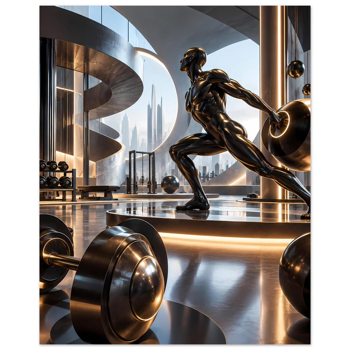 Fitness-Poster im Hochformat: goldfarbene Sportstatue mit großen Gewichten