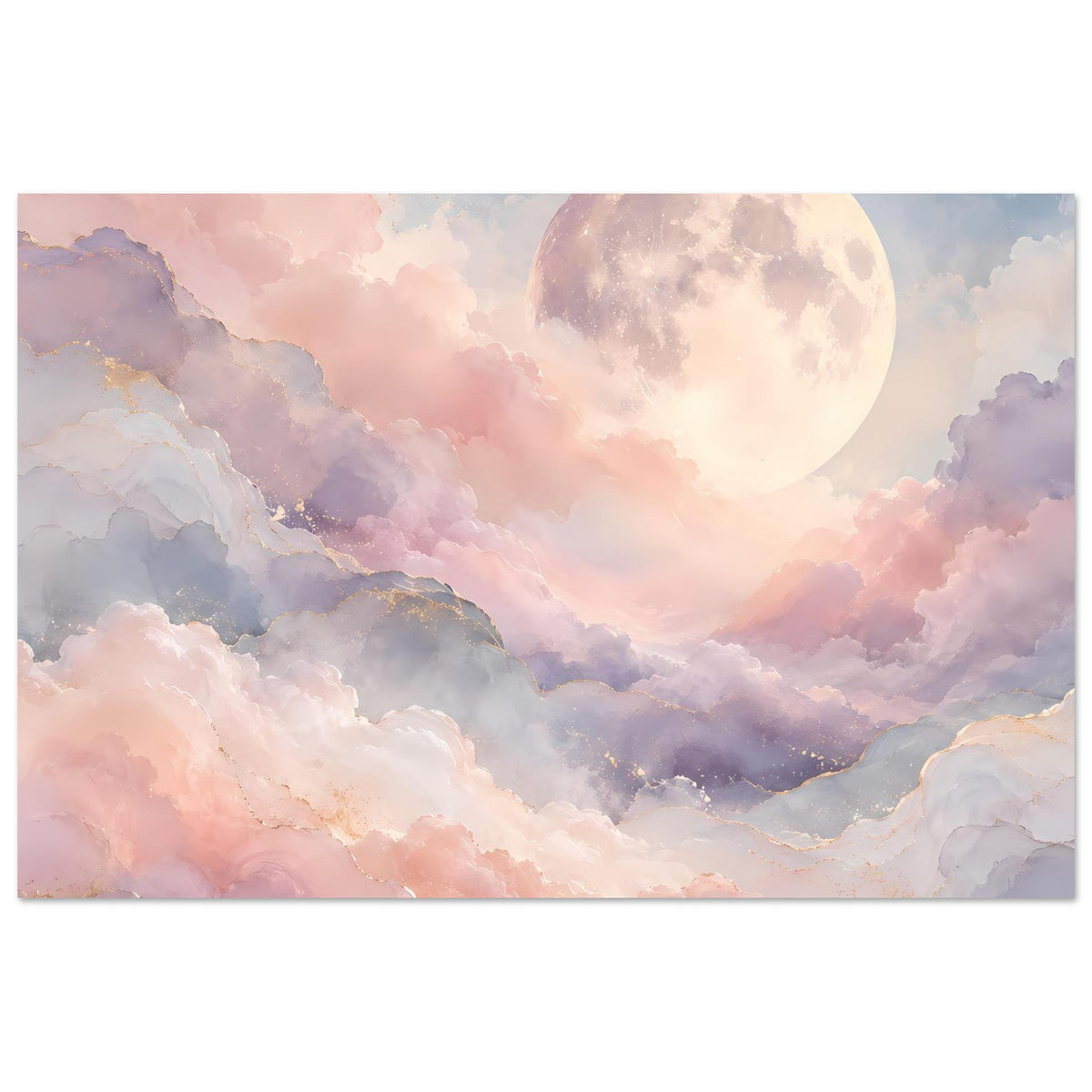 Pastellfarbenes Poster mit großer Mondscheibe zwischen hellen Wolken