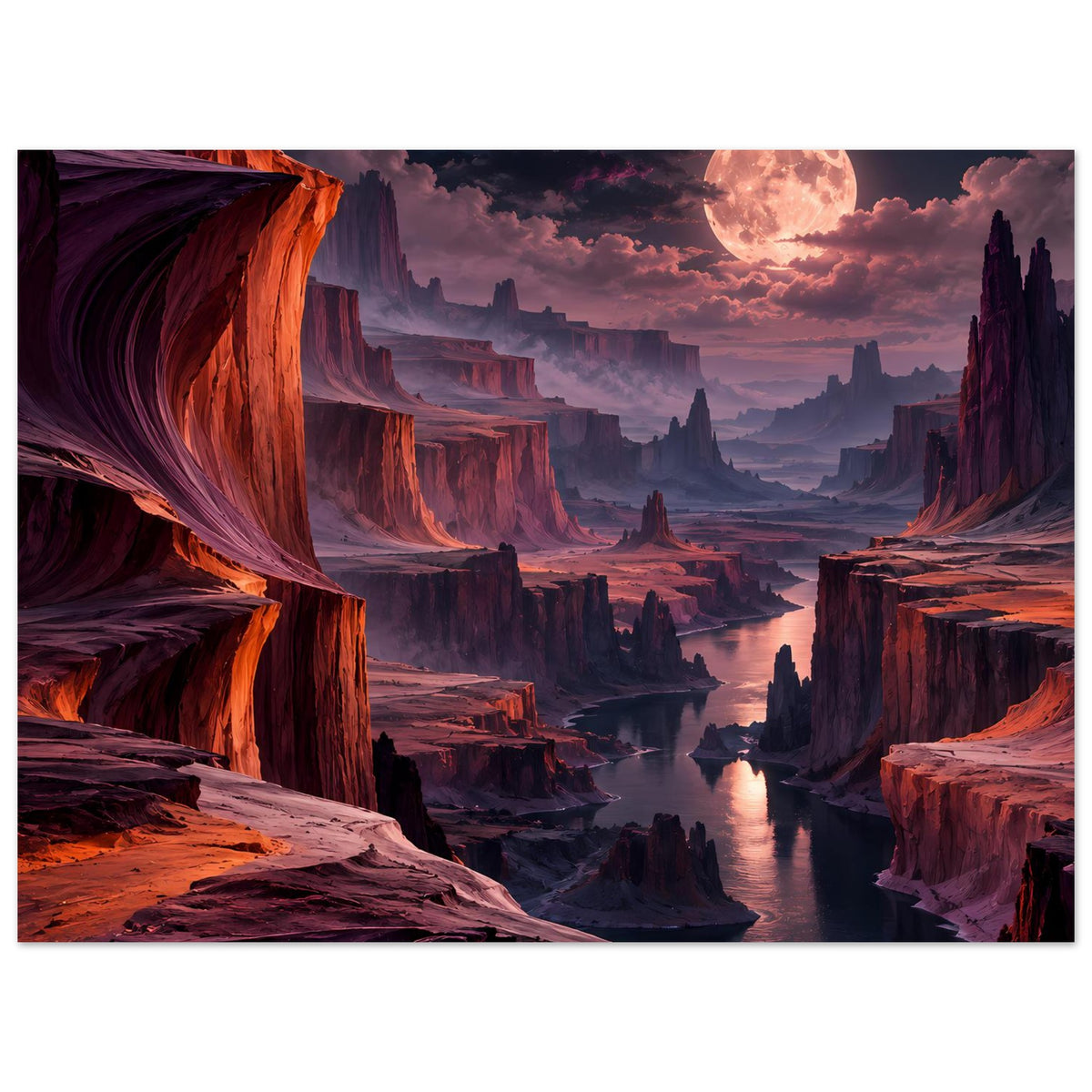 Horizontales Landschaftsposter: Canyon mit Fluss im Zentrum, rote Felswände und Mond