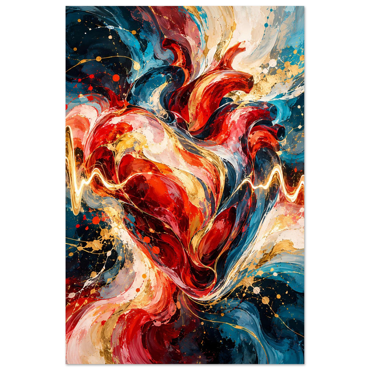 Herzschlag-Poster mit abstraktem Herz in Rot, Blau und Gold, goldene EKG-Linie
