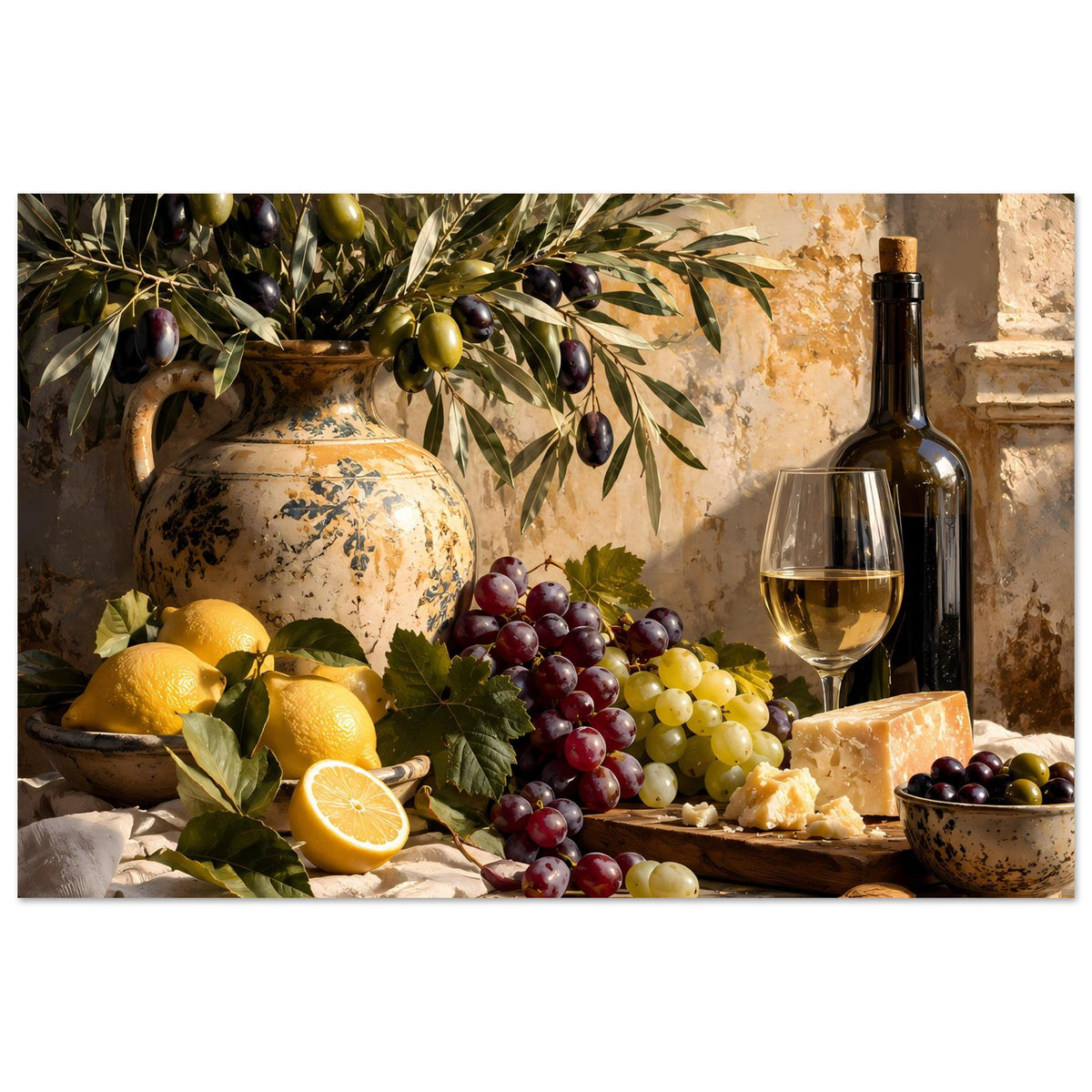 Still-Life-Poster mit Weinflasche, Weinglas, Trauben und Zitronen neben Käse und Brot