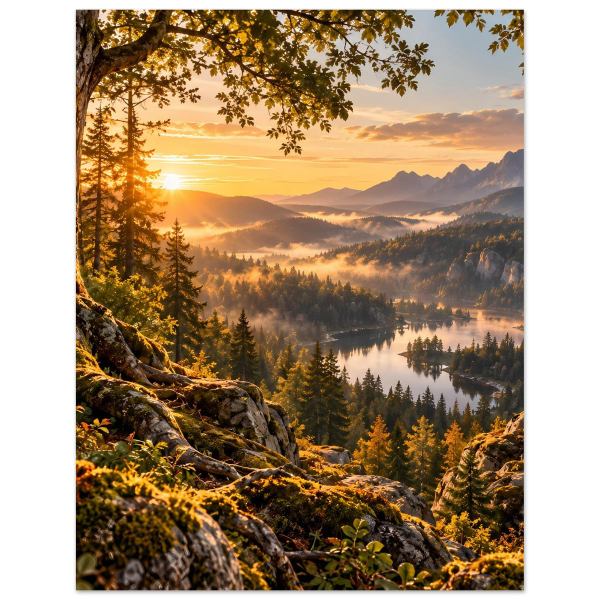 Landschaftsposter mit Sonnenaufgang, Tannenwald und See, Felsen im Vordergrund