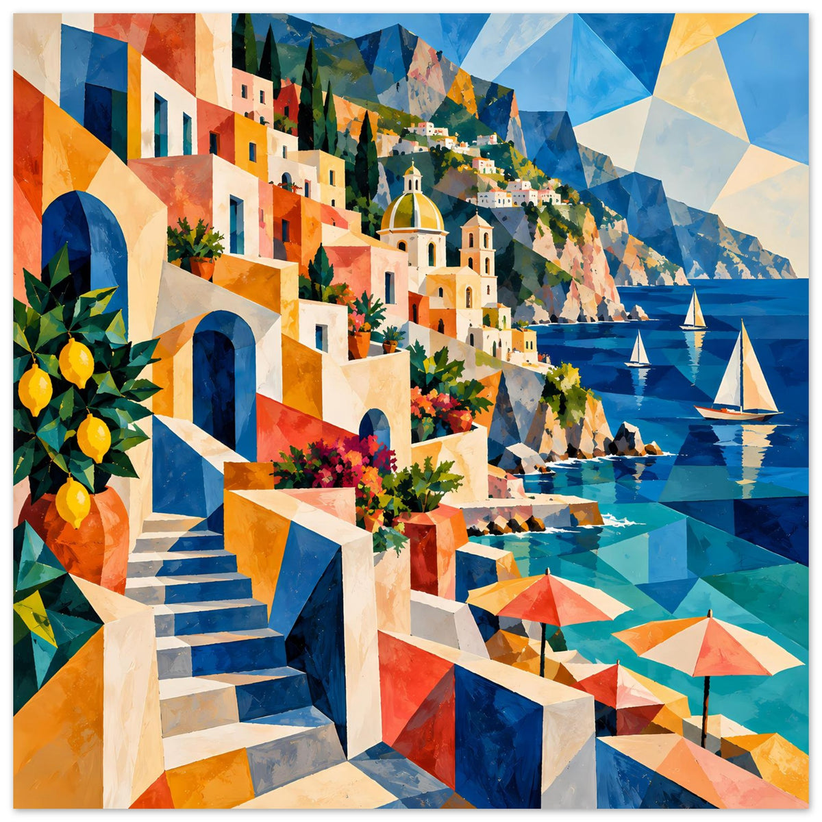 Buntes Poster mit mediterraner Küstenszene: Treppe, Häuser, Kirche, Boote und Meer