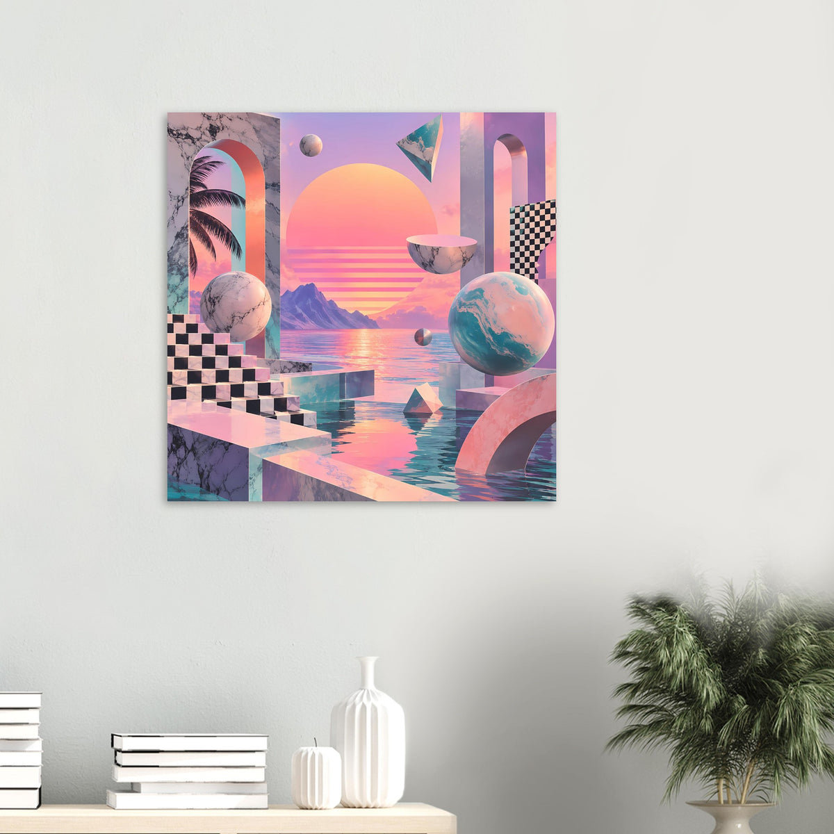 Kleines Poster im Querformat: geometrische Sunset-Szene mit Planeten und Checkermuster