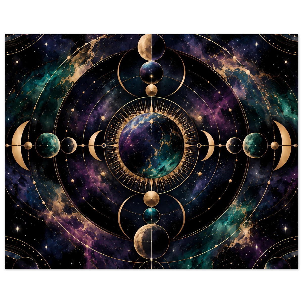 Horizontales Poster mit Mondphasen-Chart, mittlere Planetenscheibe und goldene Linienringe