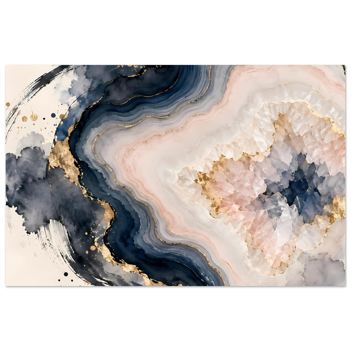 Abstraktes Geoden-Poster in Rosé, Blau und Gold, horizontal