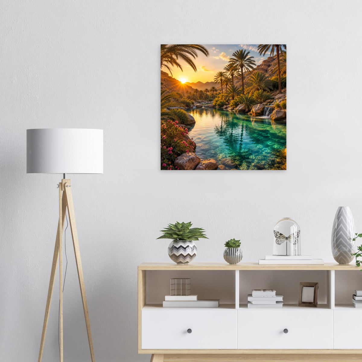Poster im Quadratformat mit tropischer Flusslandschaft bei Sonnenuntergang und Palmen