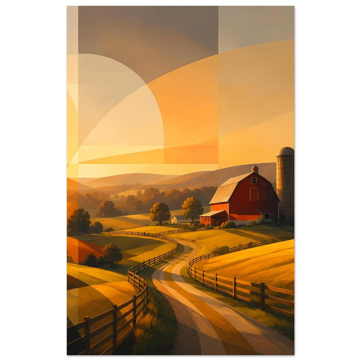 Abstraktes Poster mit roter Scheune rechts, gelbem Feldweg und geometrischen Farbfeldern