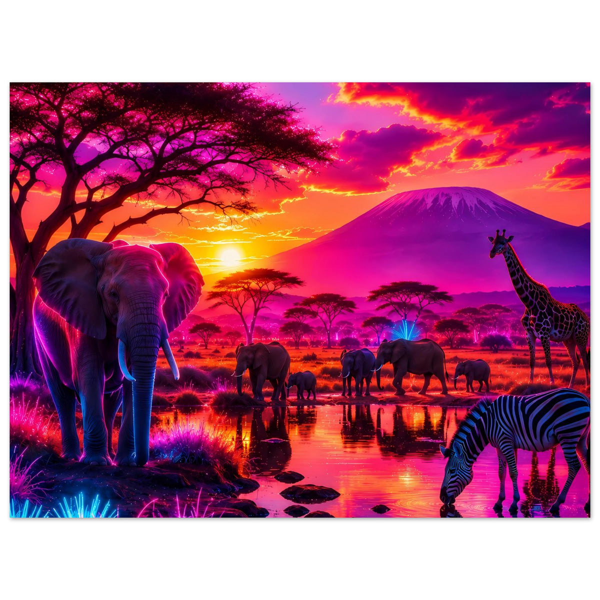 Neon-Safariposter: Elefant links, Giraffe rechts, Zebras und Herde bei Sonnenuntergang.