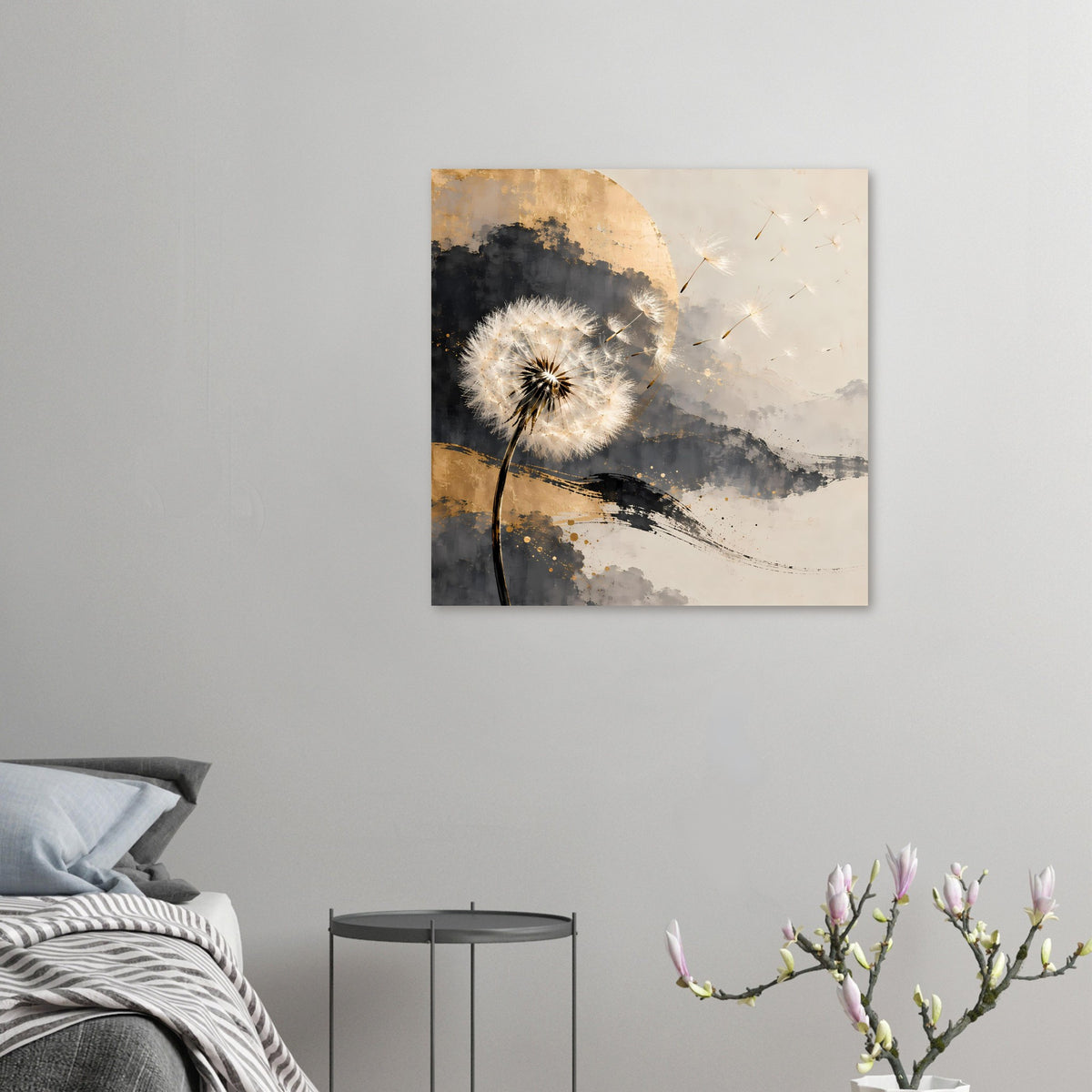 Kleines Kunstposter mit Pusteblume, gold-graue Farbflächen, dunkler Pinselbogen