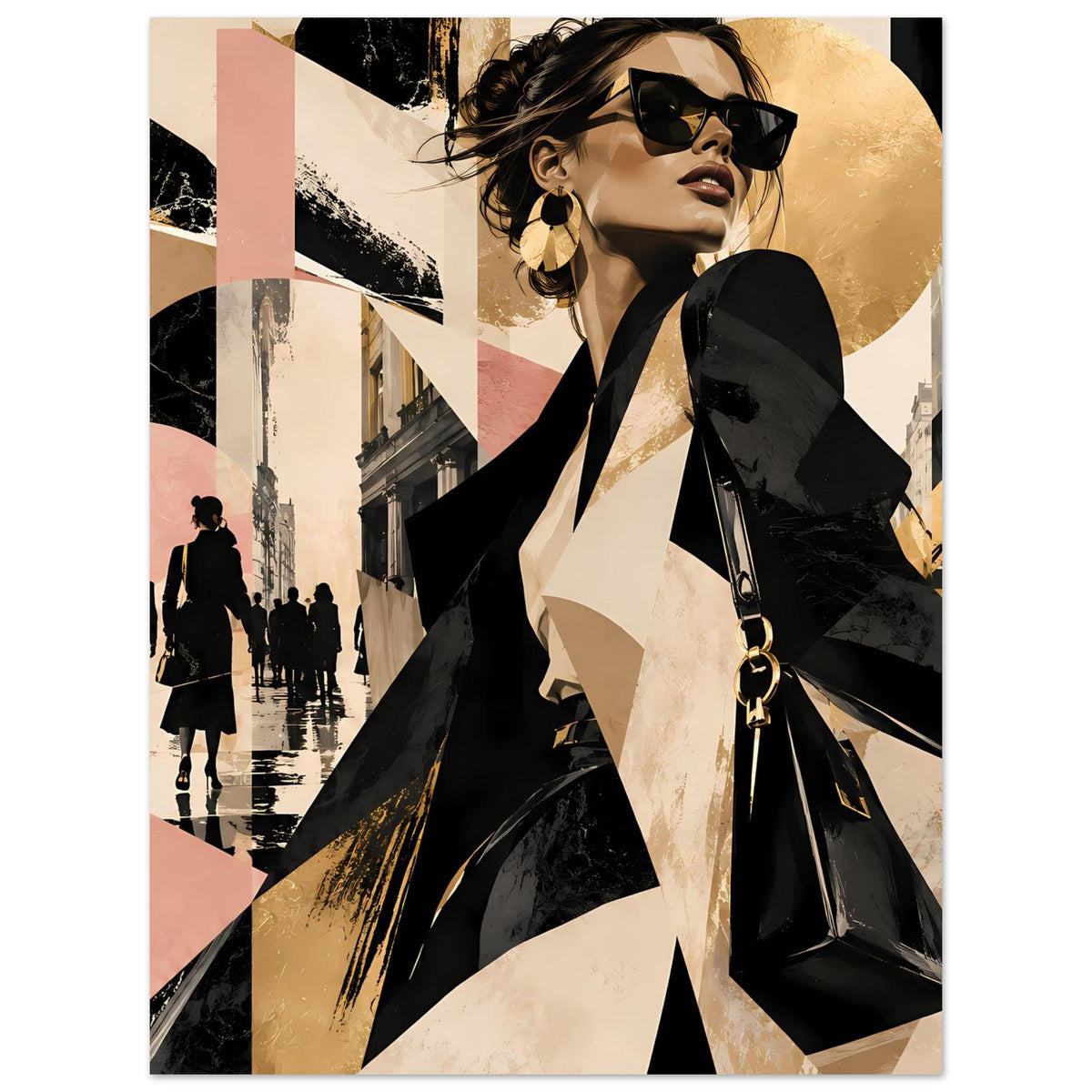 Hochformat-Mode-Poster: Porträt einer Frau mit schwarzer Sonnenbrille, goldene und cremefarbene Muster