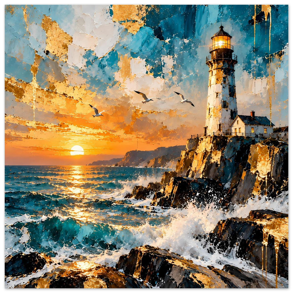 Querformat-Poster mit Leuchtturm, Sonnenuntergang über dem Meer, türkis-orangefarbenen Wellen